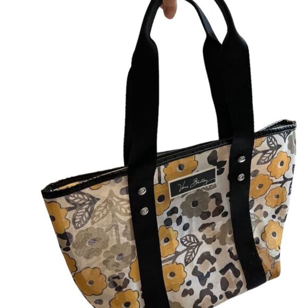 Vera Bradley Go Wild Mesh Tote Bag Floral Zip Pocket Black White Yellow